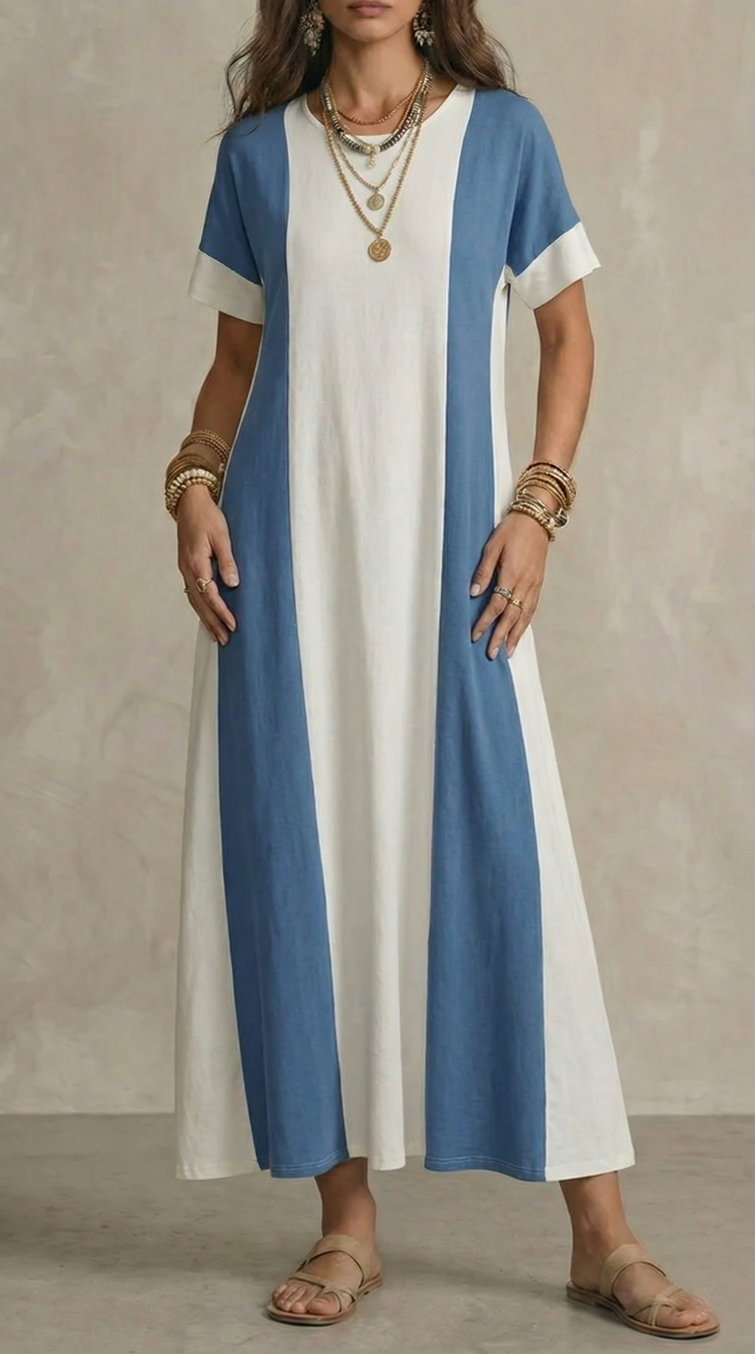 Soraya | Maxi Jurk met Korte Mouwen in Color Block