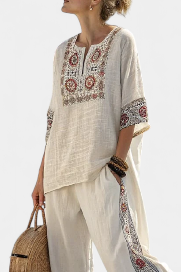 Tameric | Geborduurde Ruwe Blouse en Wijde Broek