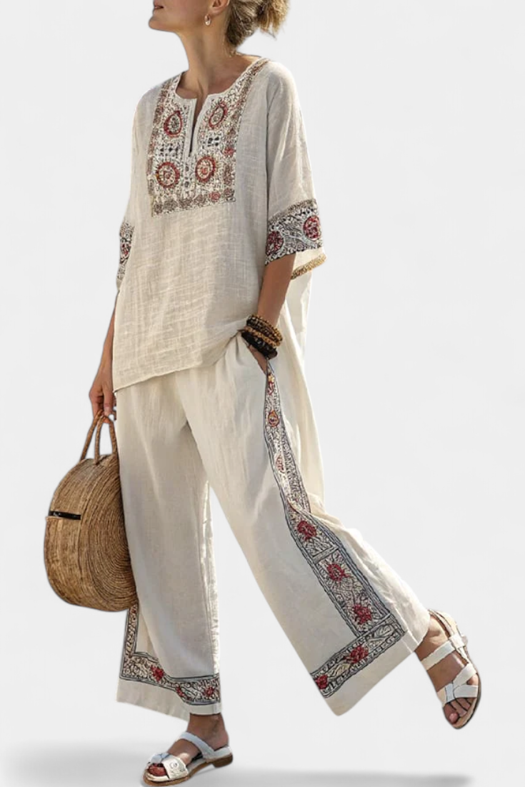 Tameric | Geborduurde Ruwe Blouse en Wijde Broek