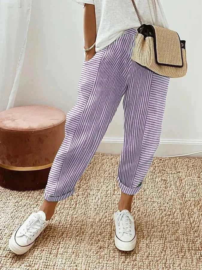 Gestreepte Relaxed Fit Damesbroek Enkel Lengte Met Manchet