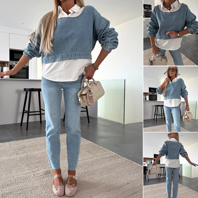 Modieuze twee-delige set bestaande uit een lange mouwen spijkerblouse en een broek voor vrouwen