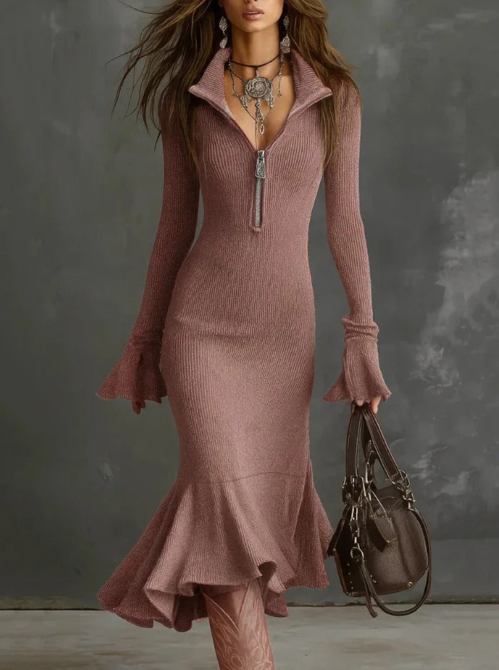 De Sienna Zip-Collar Geribbelde Trui Jurk