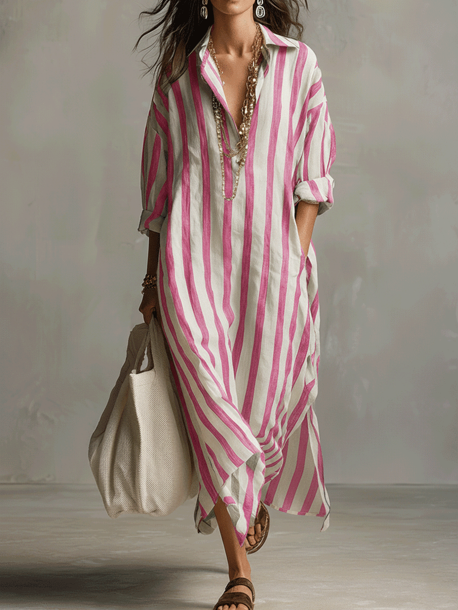 Casual Gestreepte Shirt Bohemian Stijl Maxi Jurk