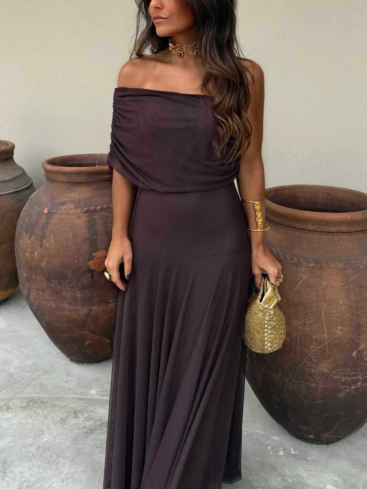 Noémie™ | Bruine One-Shoulder Maxi Jurk