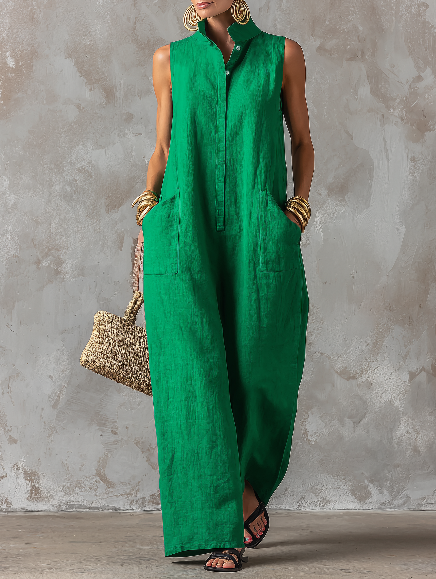 Claire | Mouwloze jumpsuit met staande kraag en knoopsluiting