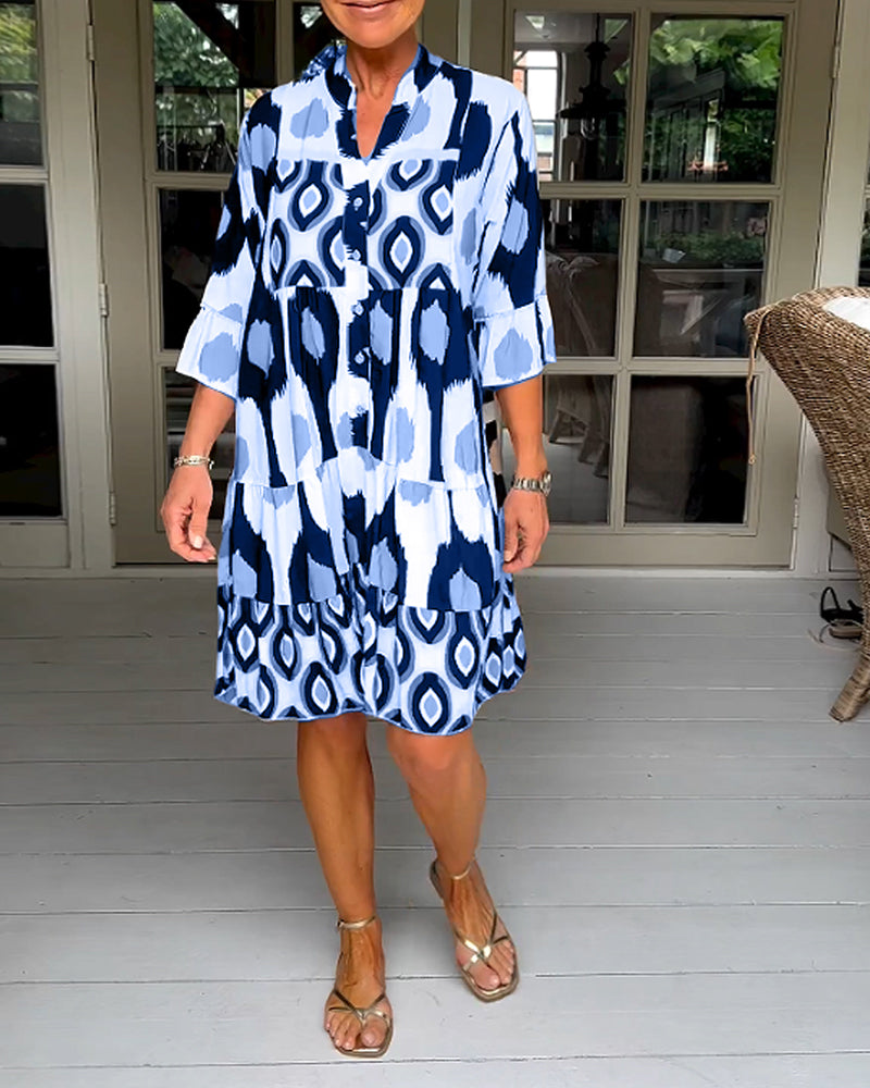 ELVINA | Geprinte Jurk met 3/4 Mouwen en A-Lijn Snit voor een Elegante en Ontspannen Look