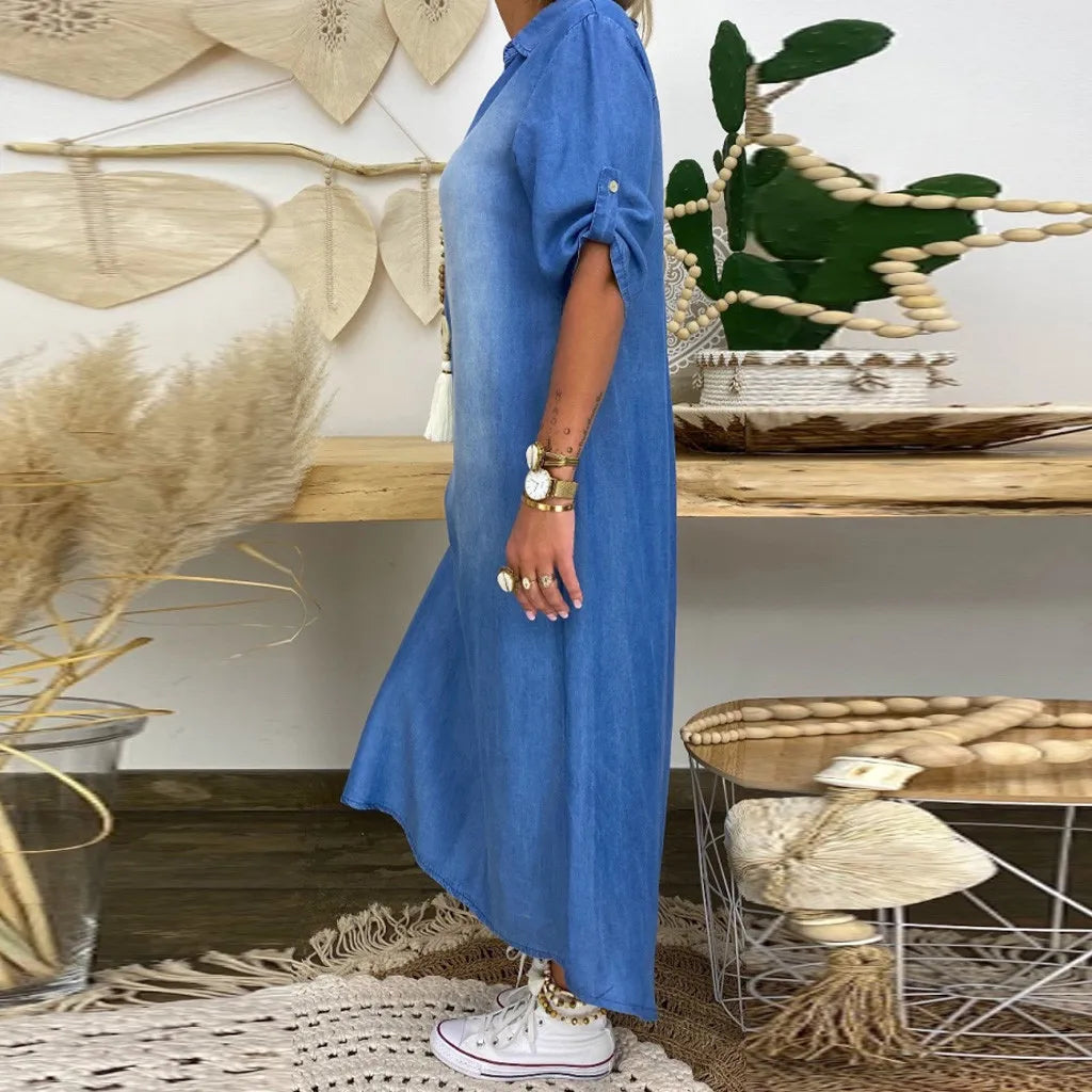 Noor™ | Lange denim jurk met zijsplitten