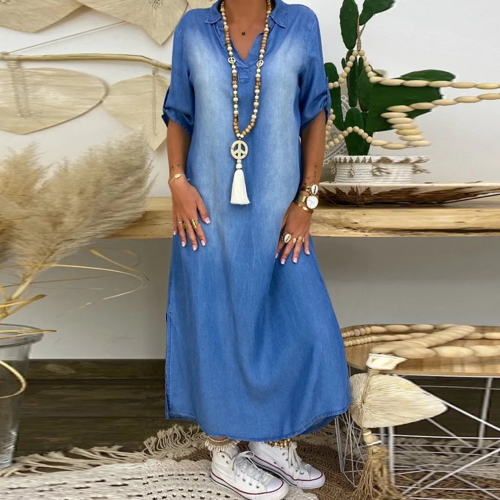 Noor™ | Lange denim jurk met zijsplitten