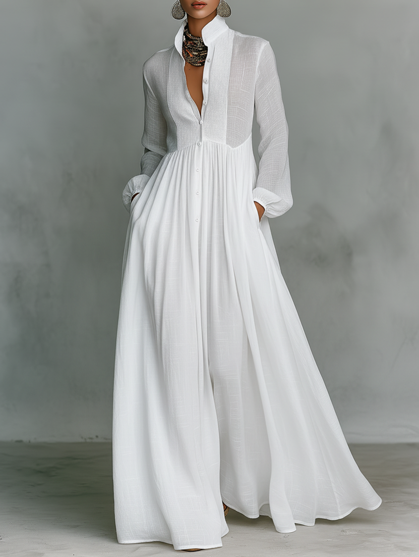 Elisa | Maxi minimalistische katoen en linnen jurk met patchwork, hoge hals en lange mouwen