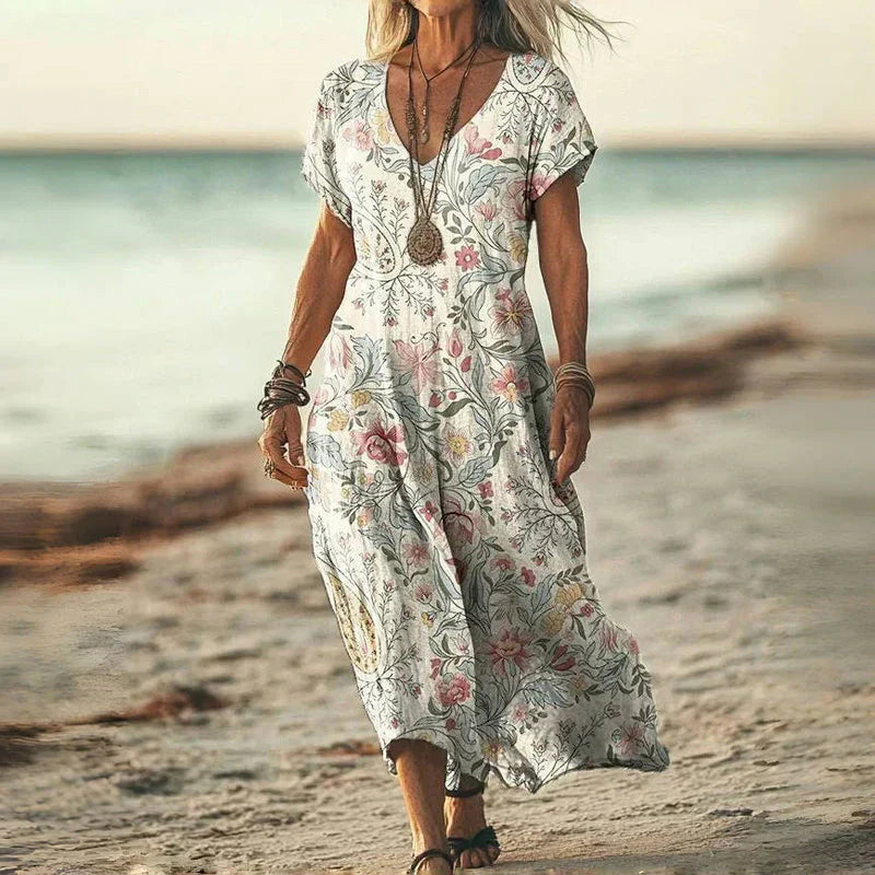 CATERINA | Midi Vintage Jurk met Vloeiende Snit en Ontspannen Elegantie voor Zomerse Dagen