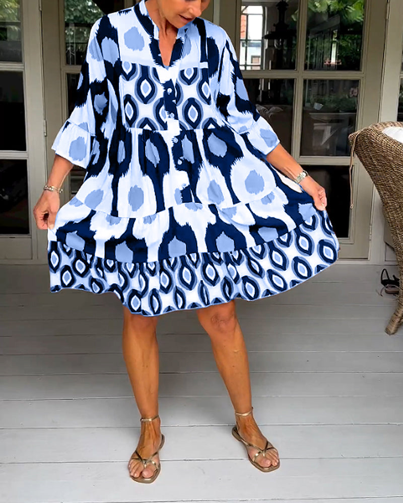 ELVINA | Geprinte Jurk met 3/4 Mouwen en A-Lijn Snit voor een Elegante en Ontspannen Look