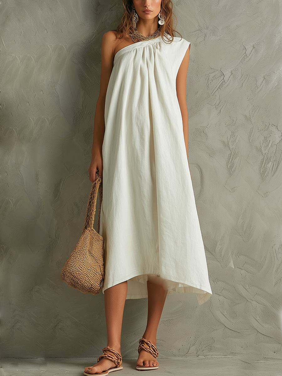 Witte Minimalistische Maxi-jurk met Één Schouder en Een Resort Sfeer