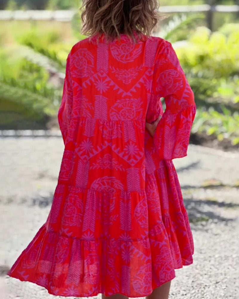 CHIARA | Lange Jurk met Boho Print en 3/4 Mouwen met Klok