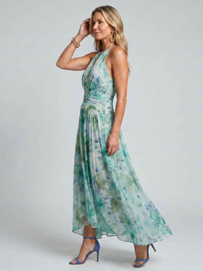 Portia | Geplooide midi-jurk met halternek en bloemenprint