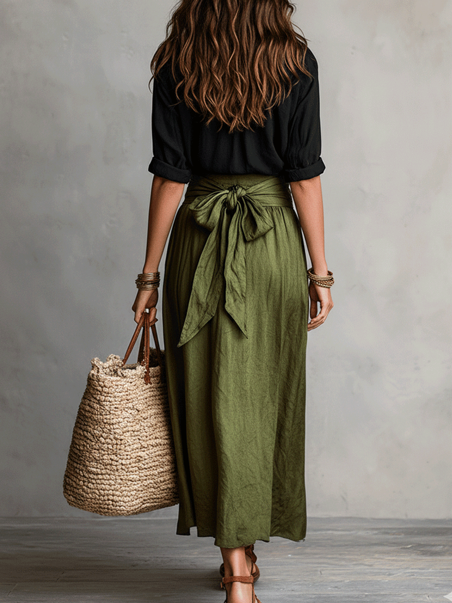 Moeiteloze Boho Zwarte Blouse & Olijf Midi Rok Set