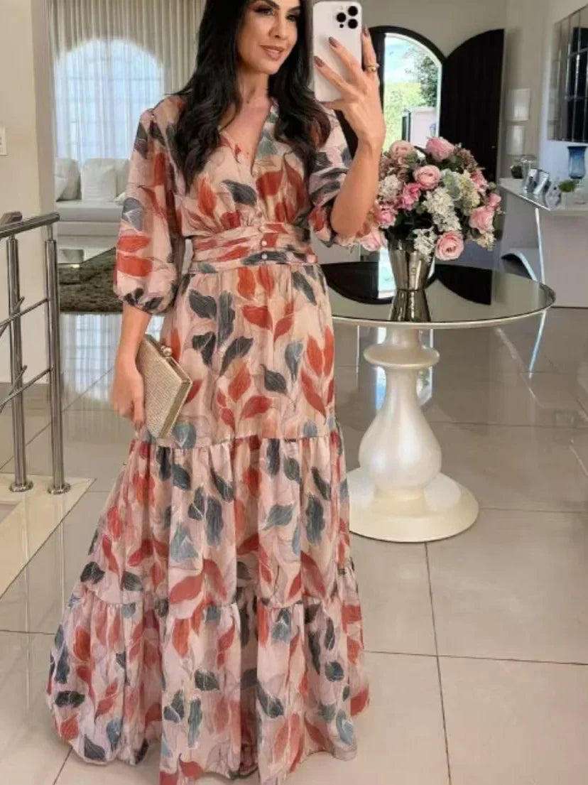 CLAUDIA | Lange Bloemenjurk met Comfortabele Pasvorm voor Elegante Dagen