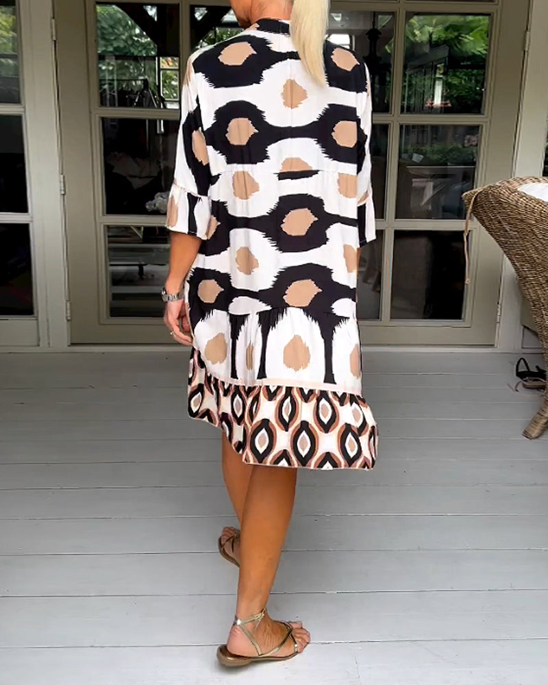 ELVINA | Geprinte Jurk met 3/4 Mouwen en A-Lijn Snit voor een Elegante en Ontspannen Look