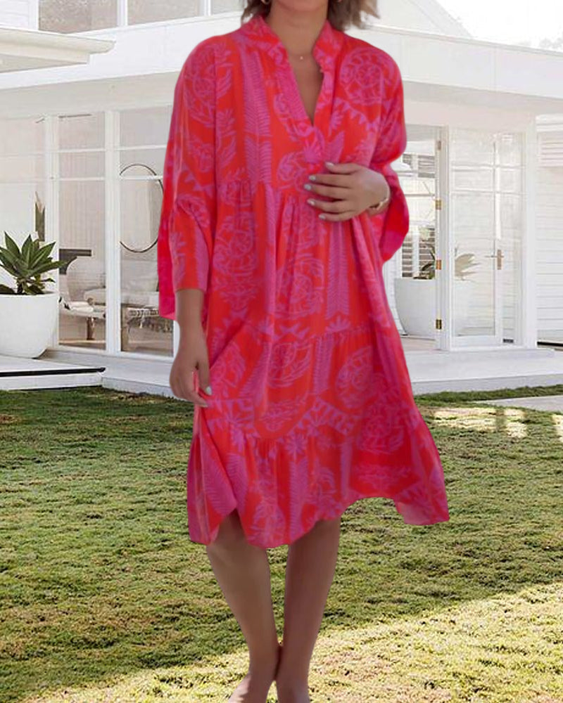 CHIARA | Lange Jurk met Boho Print en 3/4 Mouwen met Klok