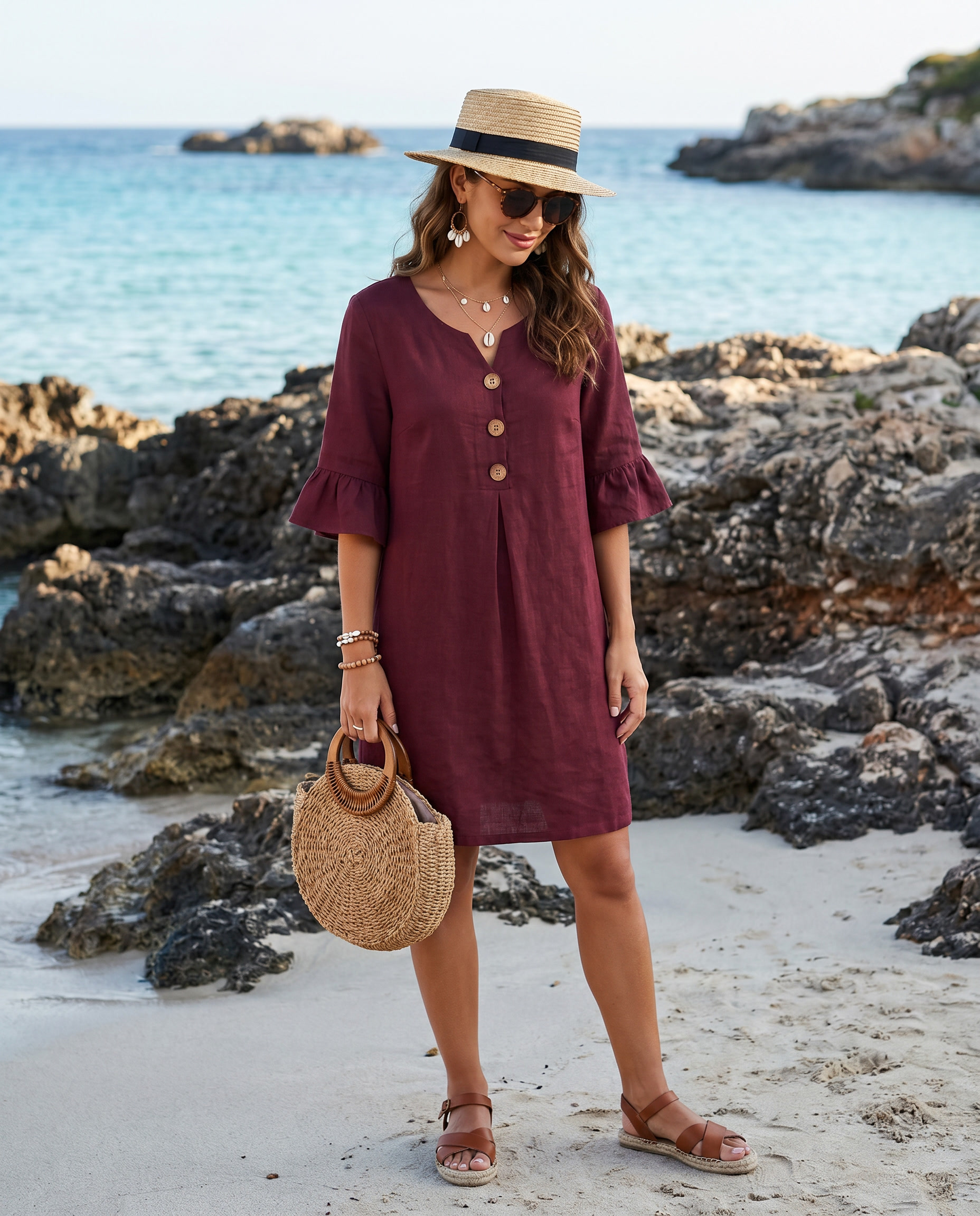 Midi-jurk met V-hals en knoopdetail