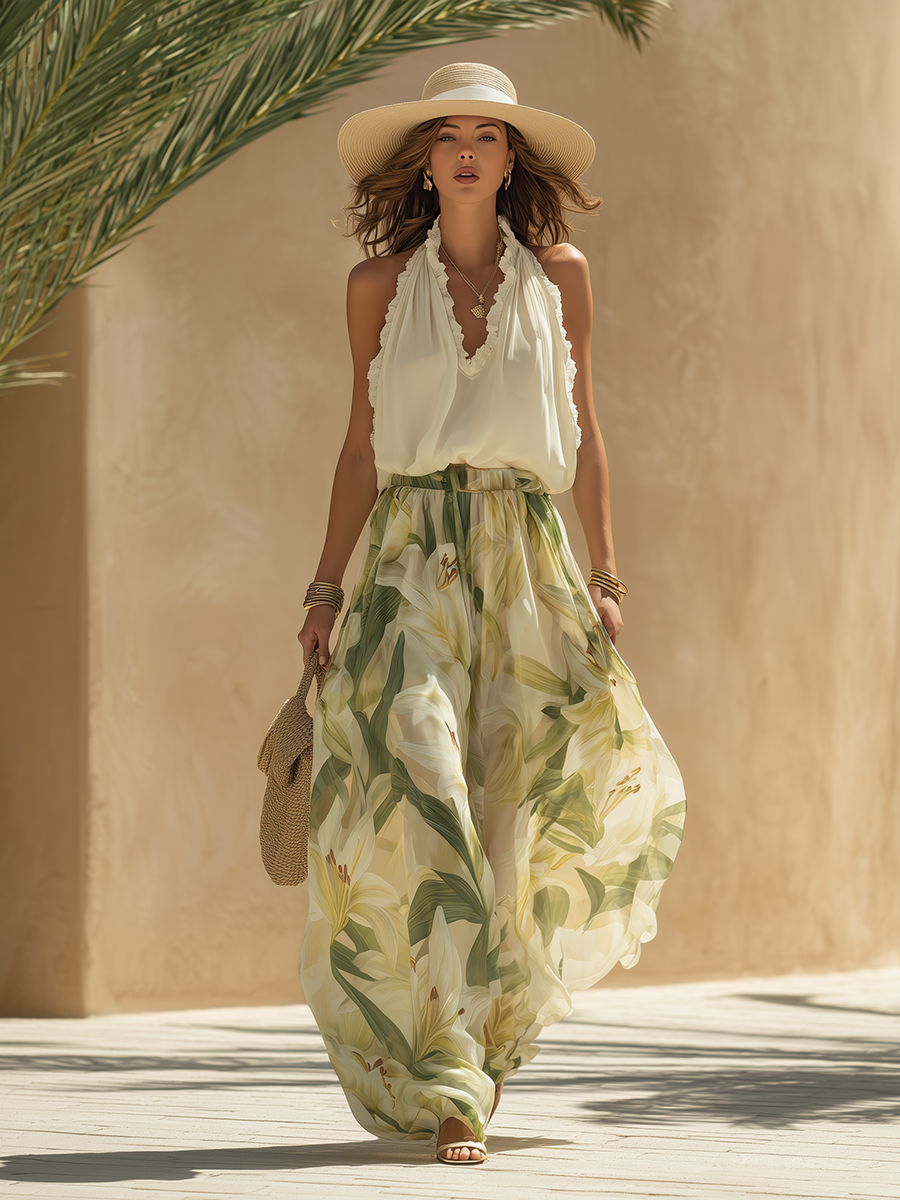 Set Top Zonder Mouwen Ruffle en Broek met Lelieprint