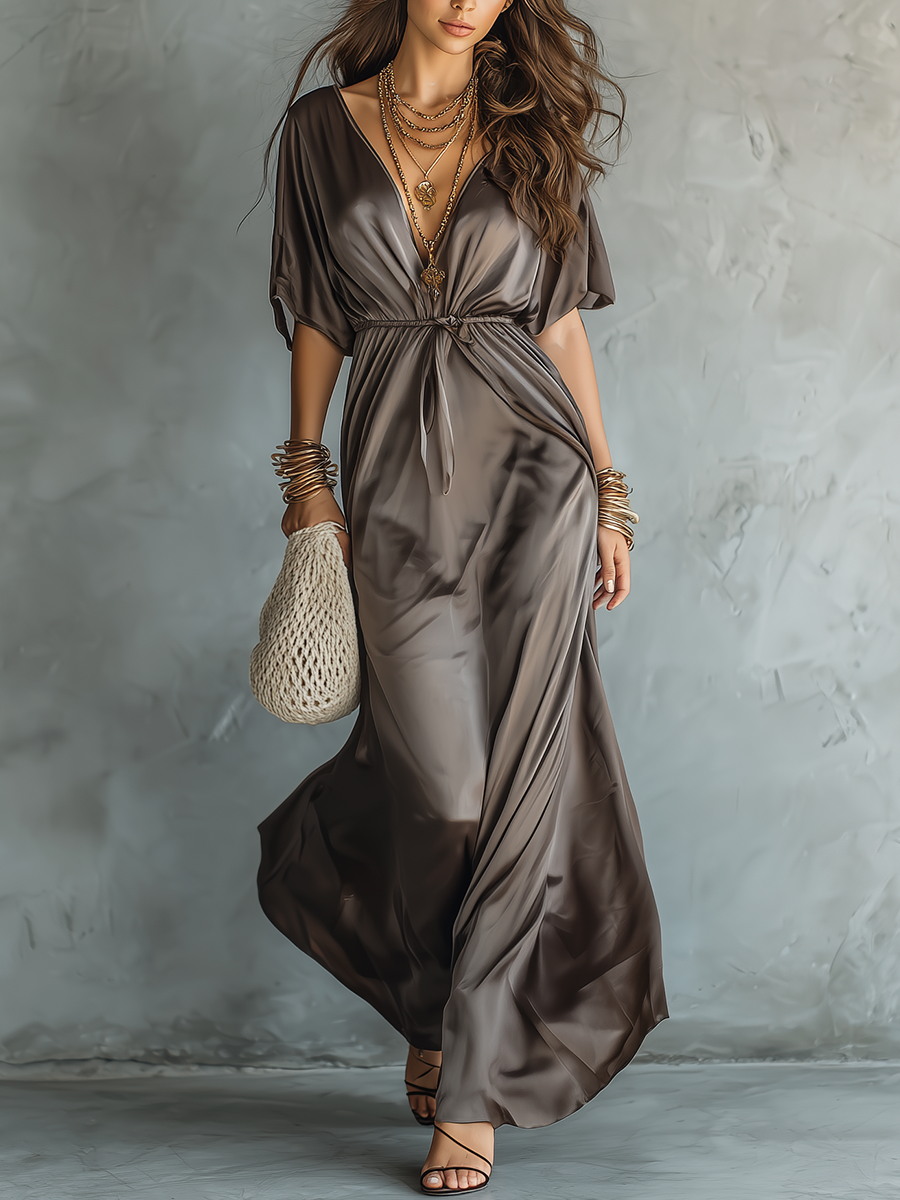 Strakke V-Hals Taille-Tie Maxi Jurk