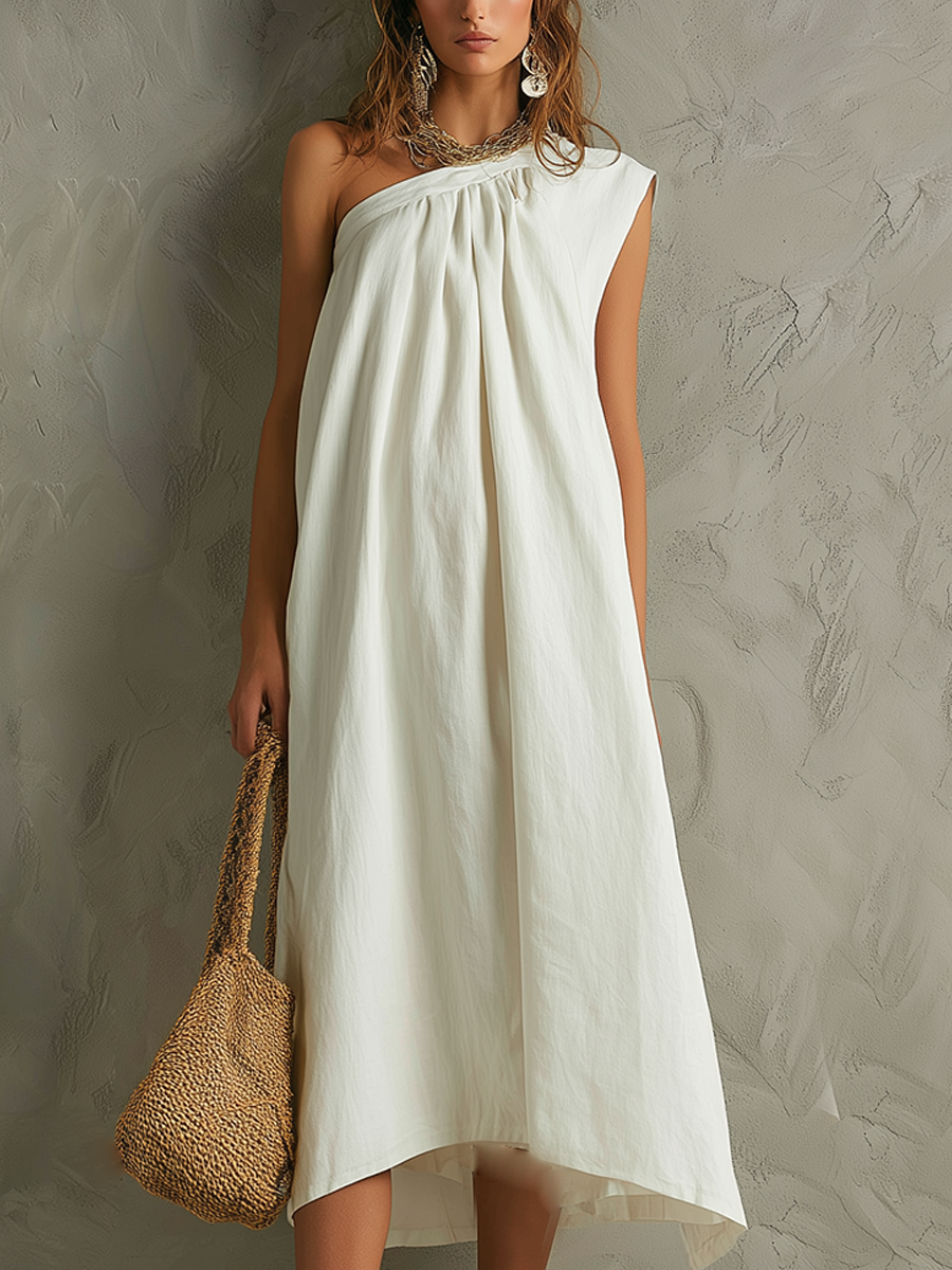 Witte Minimalistische Maxi-jurk met Één Schouder en Een Resort Sfeer
