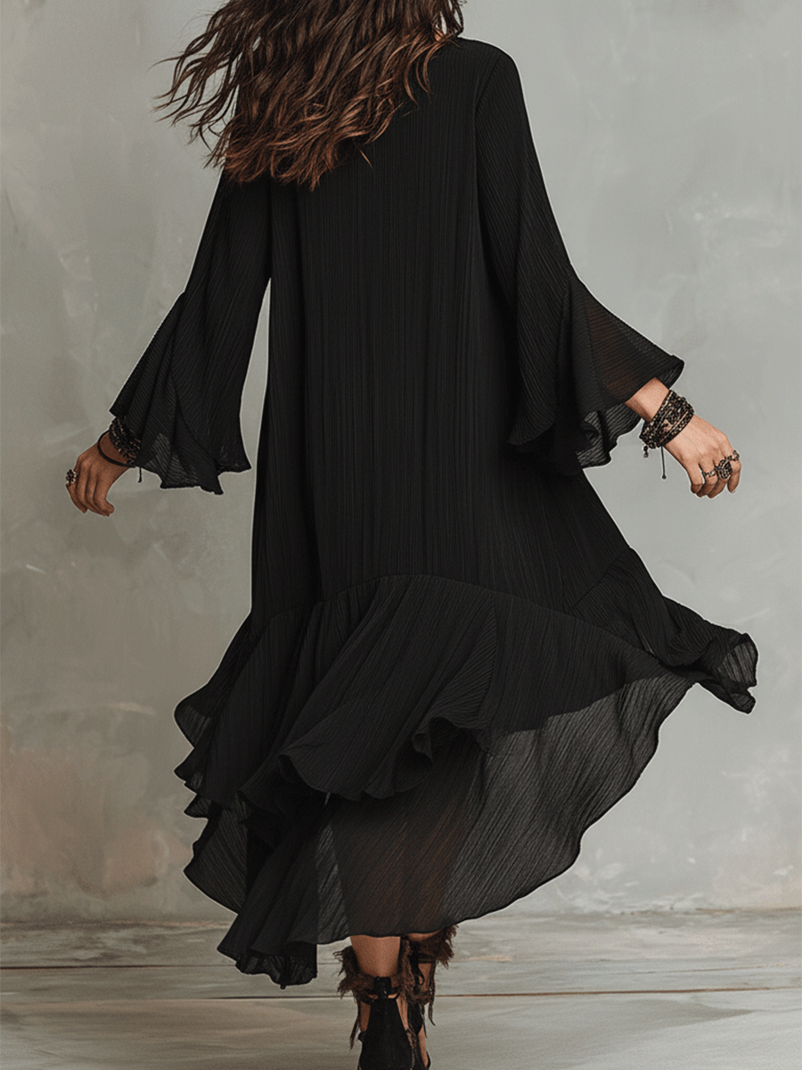 Elegante Asymmetrische Rimpel Zwarte Boho Midi Jurk