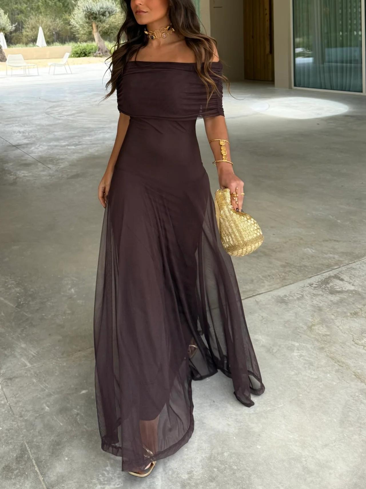 Noémie™ | Bruine One-Shoulder Maxi Jurk