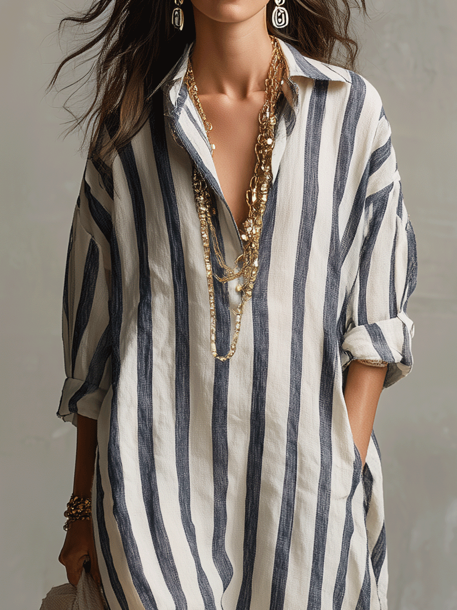 Casual Gestreepte Shirt Bohemian Stijl Maxi Jurk