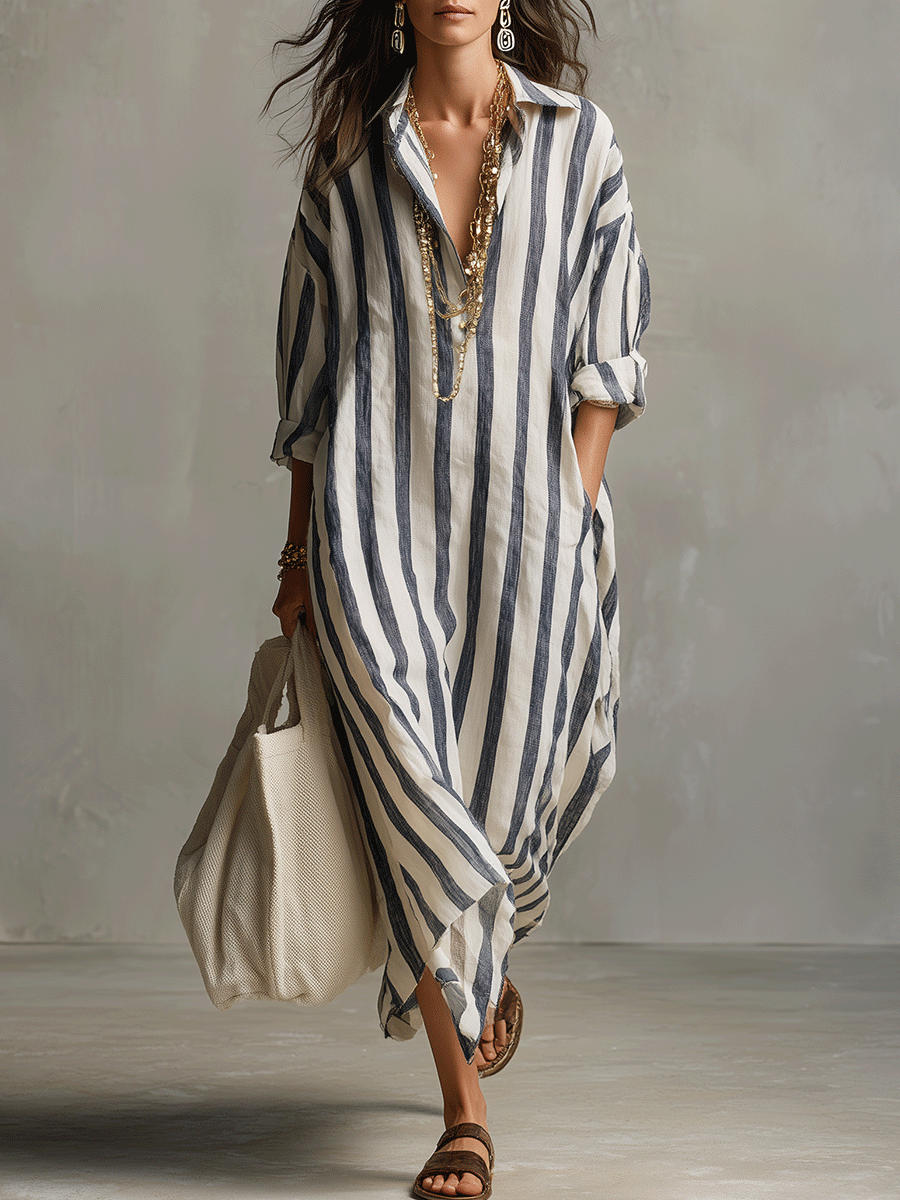 Casual Gestreepte Shirt Bohemian Stijl Maxi Jurk