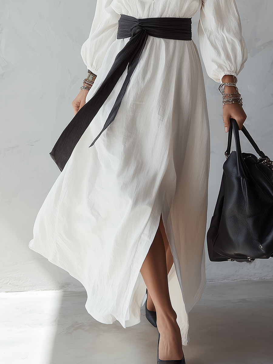 Minimalistische V-Hals Puff-Mouw Split Maxi Jurk