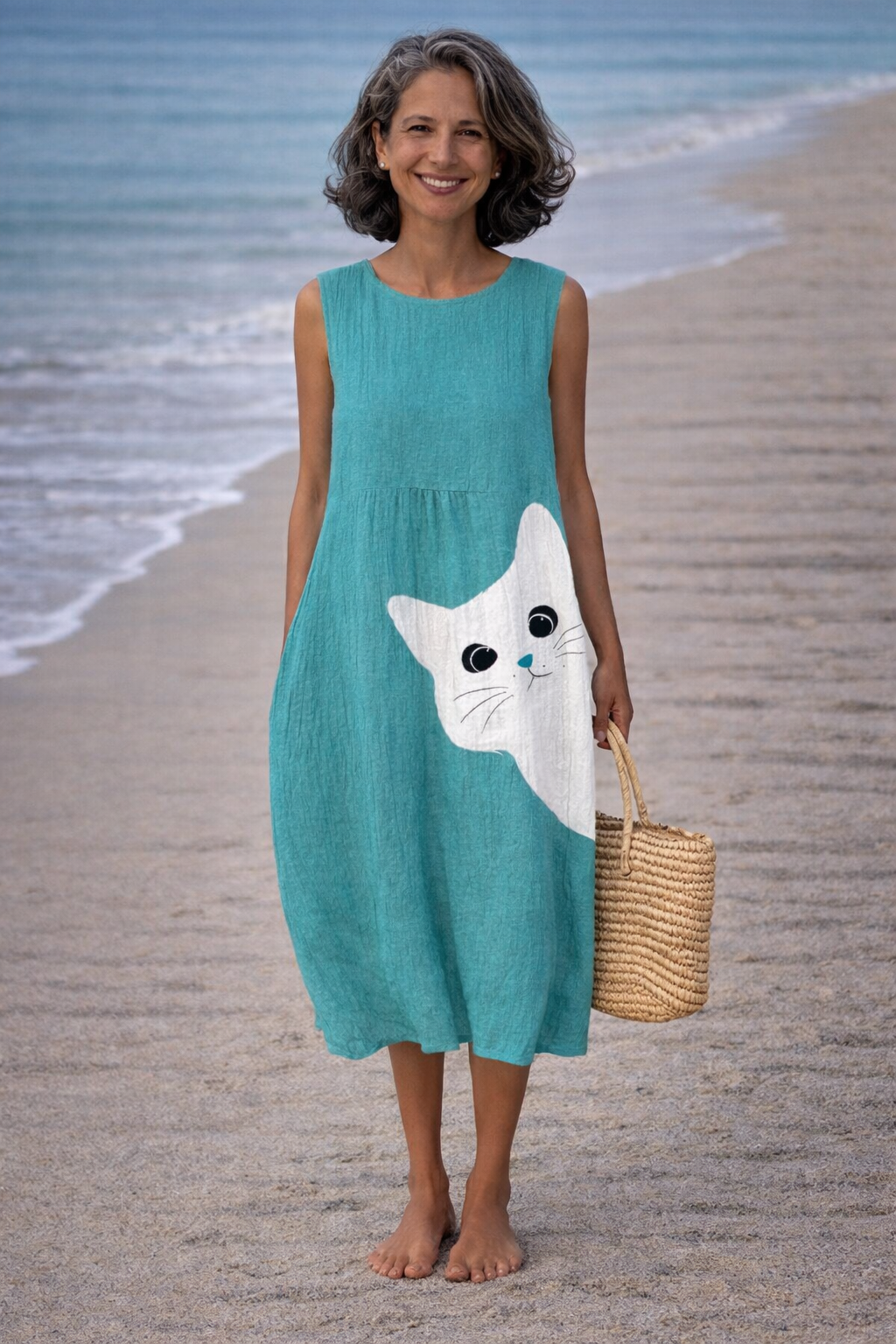 Ana | Midi-jurk met schattige kattenkunst