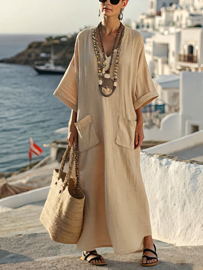 Ladies Solid Color Big Pocket Dress
