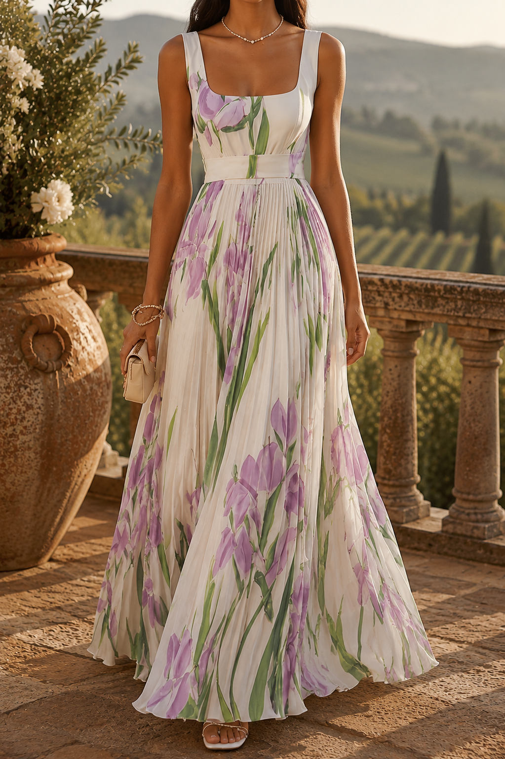 Lange geplooide jurk met bloemenprint