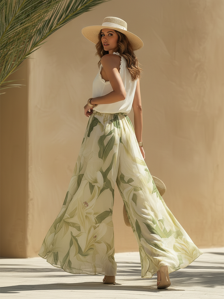 Set Top Zonder Mouwen Ruffle en Broek met Lelieprint