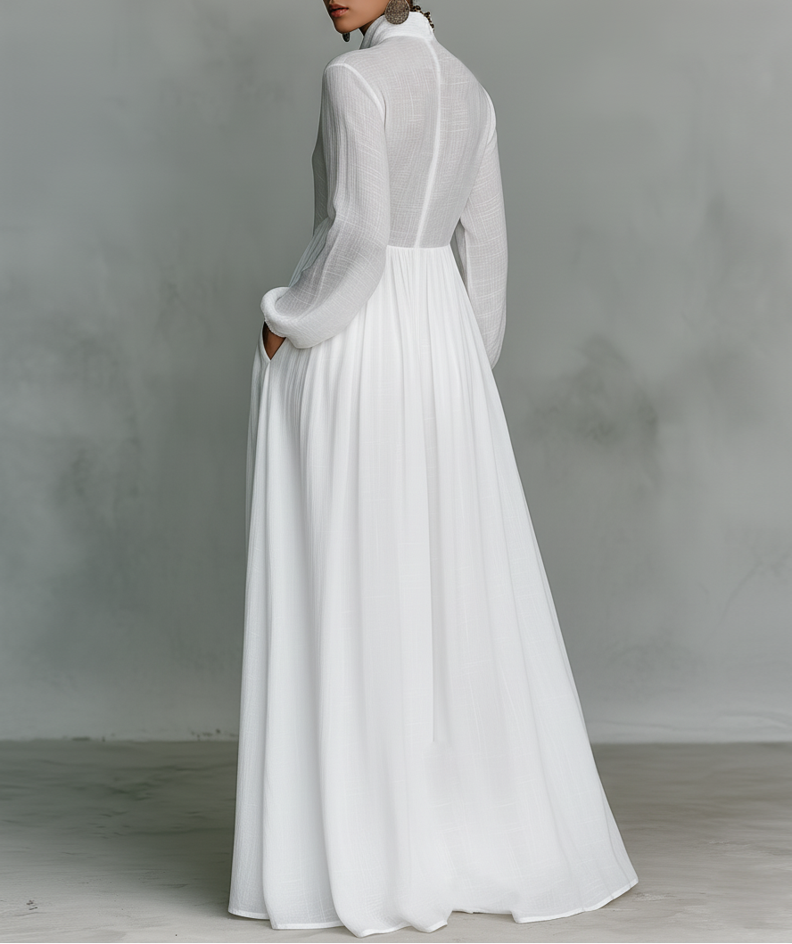 Elisa | Maxi minimalistische katoen en linnen jurk met patchwork, hoge hals en lange mouwen