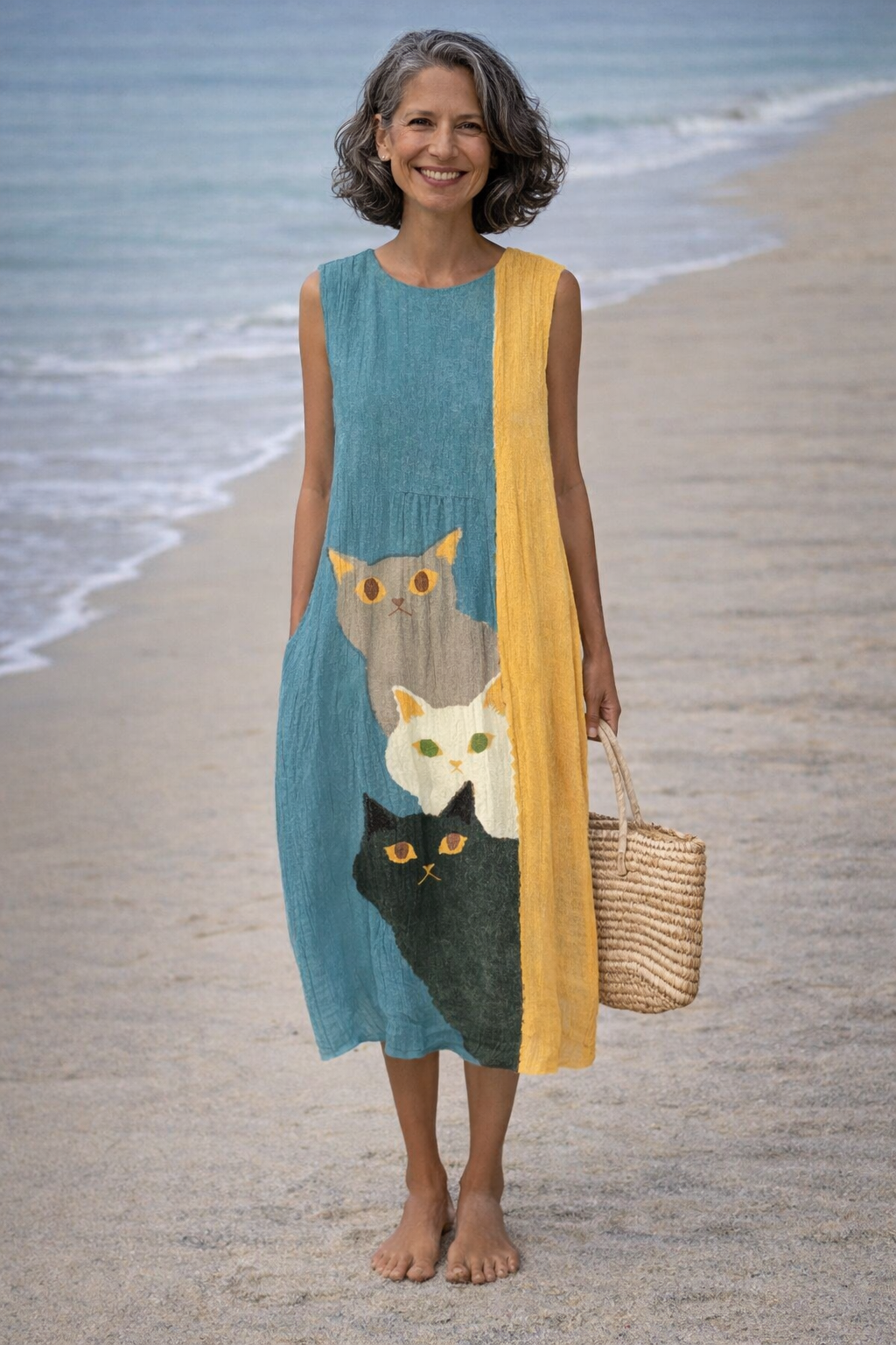 Paola | Vintage jurk met artistieke print van leuke katten