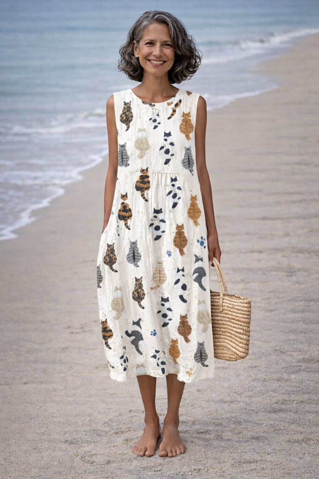 Alina | Midi-jurk met schattige kattenprint