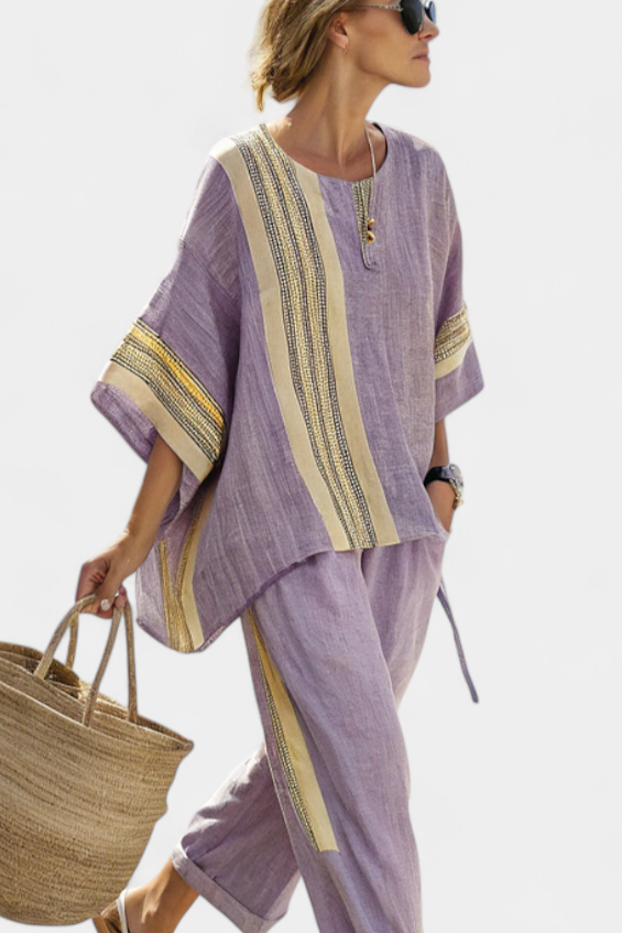 Elowric | Elegante Top Lavanda & Mosterd Gestreepte Broek
