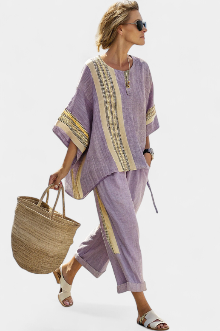 Elowric | Elegante Top Lavanda & Mosterd Gestreepte Broek