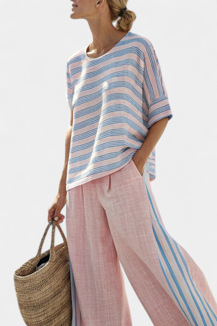 Virella | Elegante Linnen Blouse in Roze-Blauw en Zachte Broek