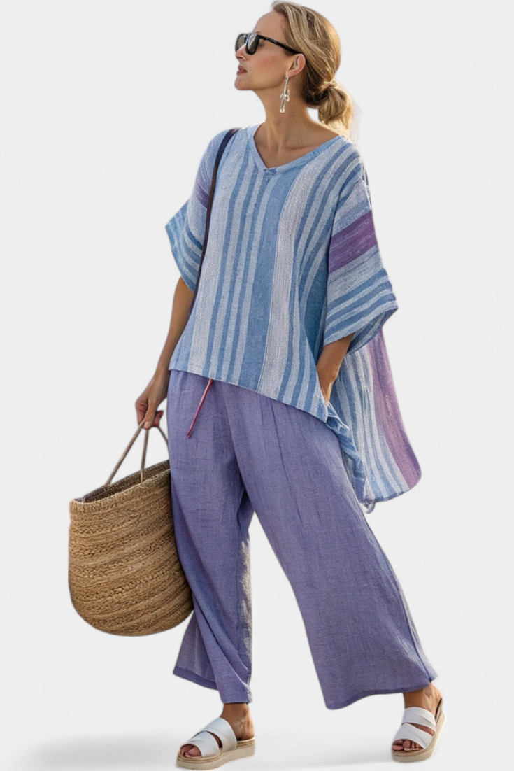 Zellora | Top Elegante Lavendel en Hemelsblauw & Linnen Broek