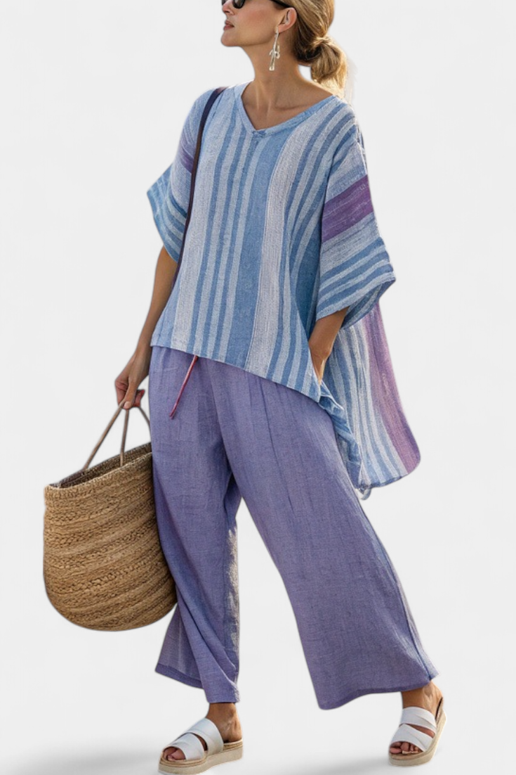 Zellora | Top Elegante Lavendel en Hemelsblauw & Linnen Broek