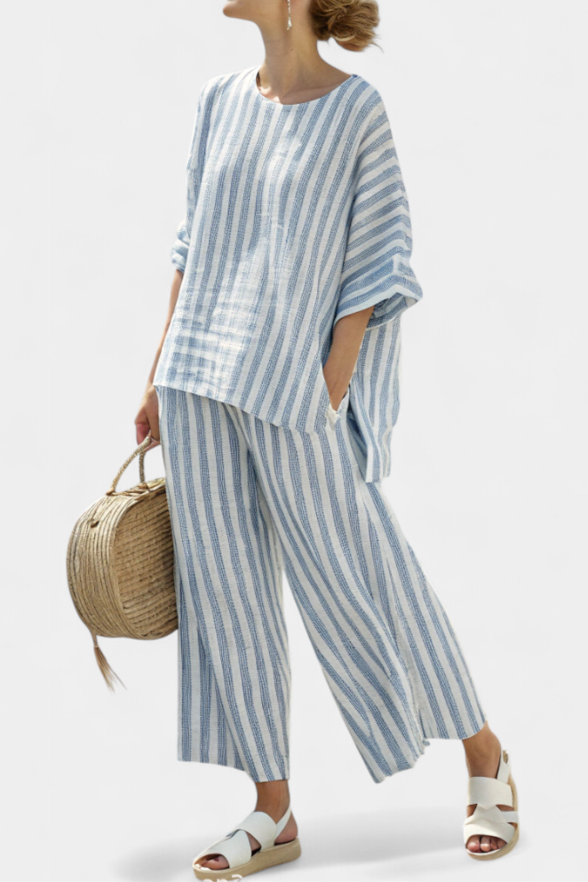 Rensleigh | Top in Lino Blu Striato Sofisticato & Relaxed Broek