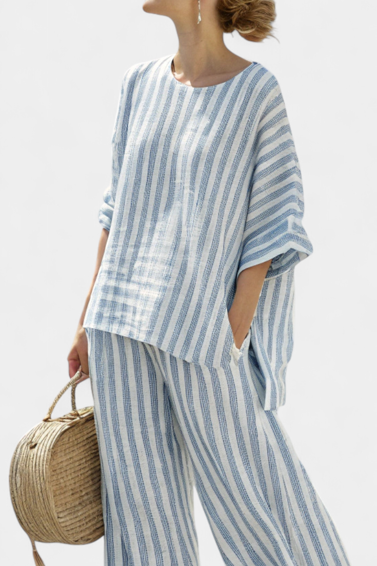 Rensleigh | Top in Lino Blu Striato Sofisticato & Relaxed Broek