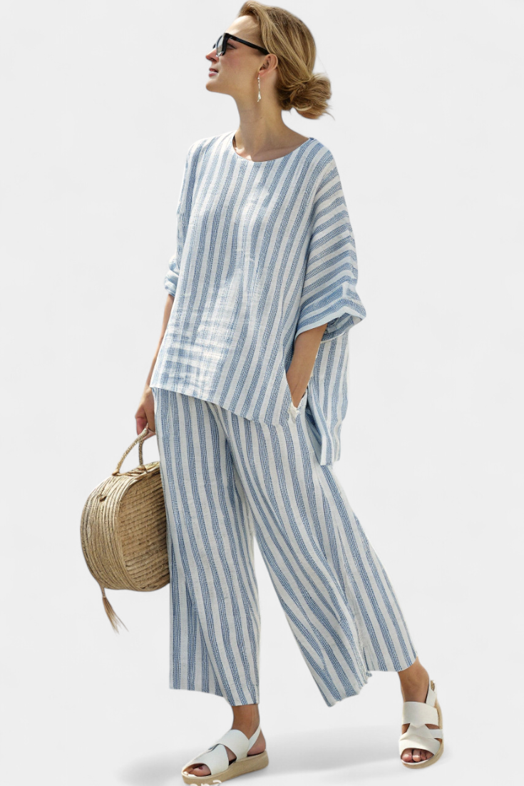 Rensleigh | Top in Lino Blu Striato Sofisticato & Relaxed Broek