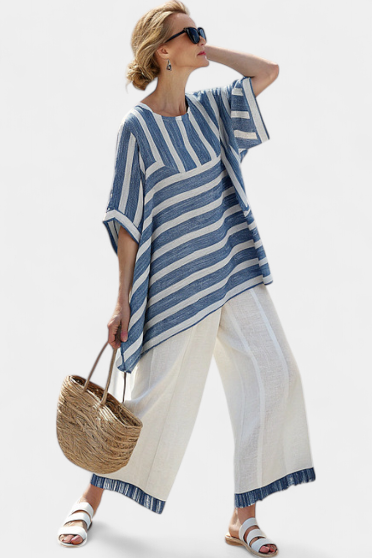 Corvielle | Top Blauw met Strepen en Broek met Details aan de Zoom