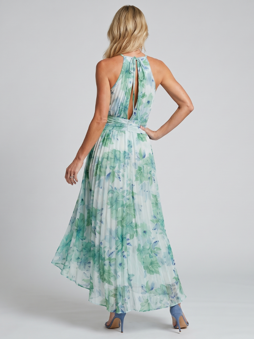 Portia | Geplooide midi-jurk met halternek en bloemenprint