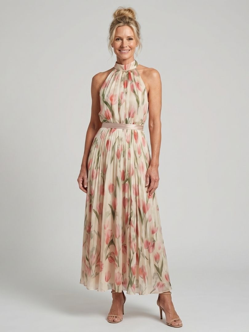 Aurelle | Bloemen midi-jurk met halternek