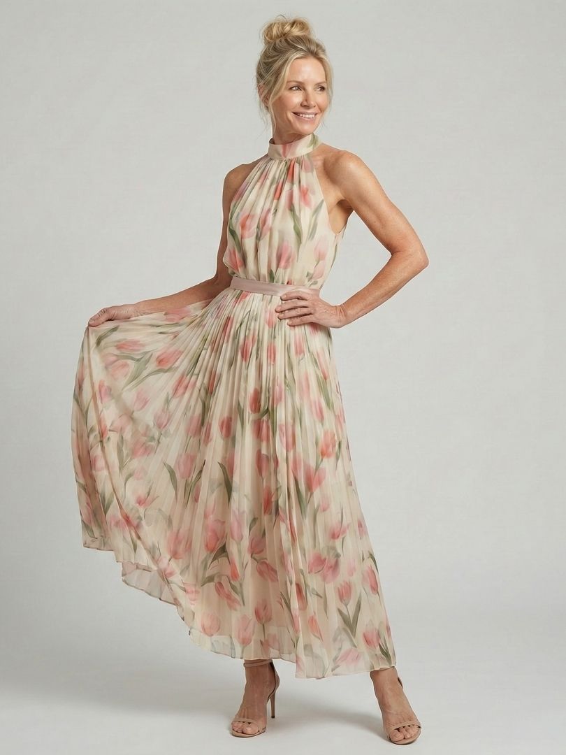 Aurelle | Bloemen midi-jurk met halternek